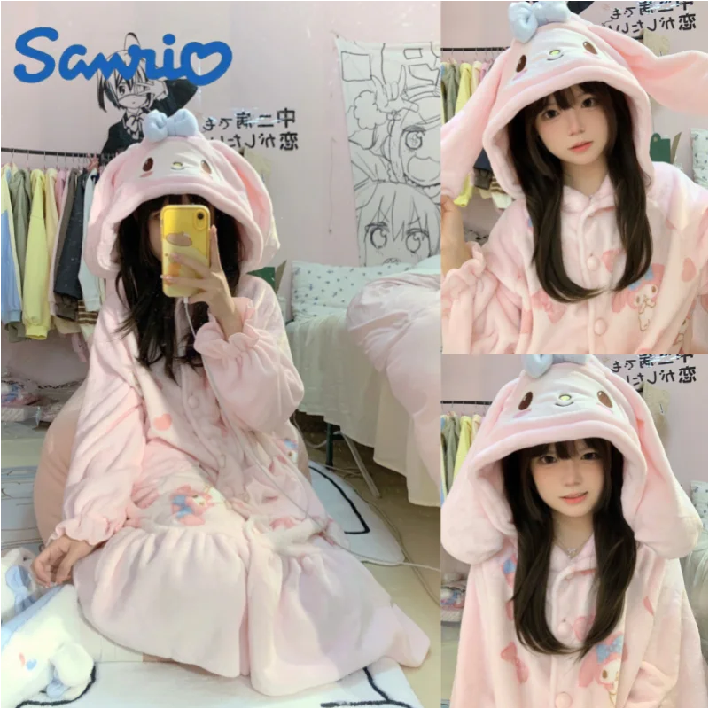 New Sanrio Anime Cartoon My Melody Pajamas Nightgown Two Piece Female Coral Velvet Indoor Home Suit Kawaii Girl Nightdress Gifts