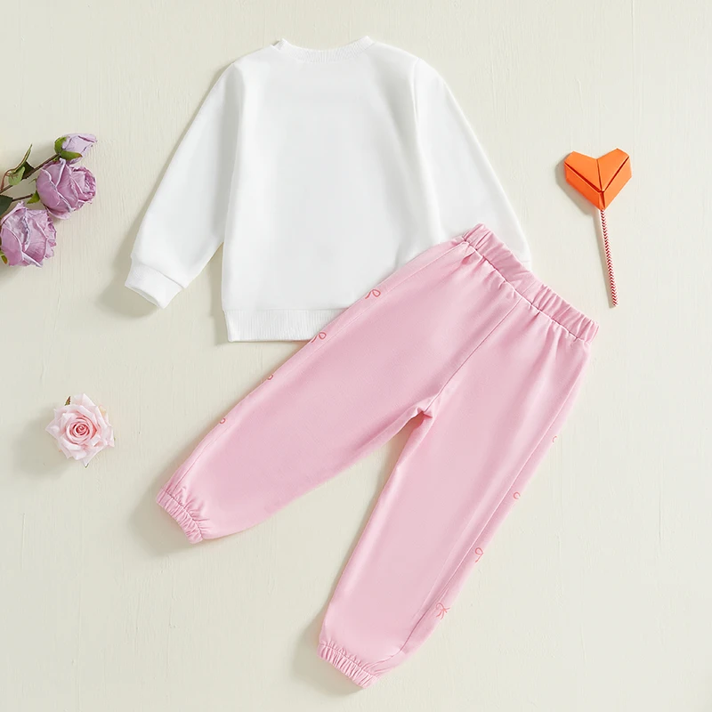 Women s 2 Piece Valentine s Day Outfit Long Sleeve Crew Neck Love Heart Arrow Print Top and Bow Print Pants Set