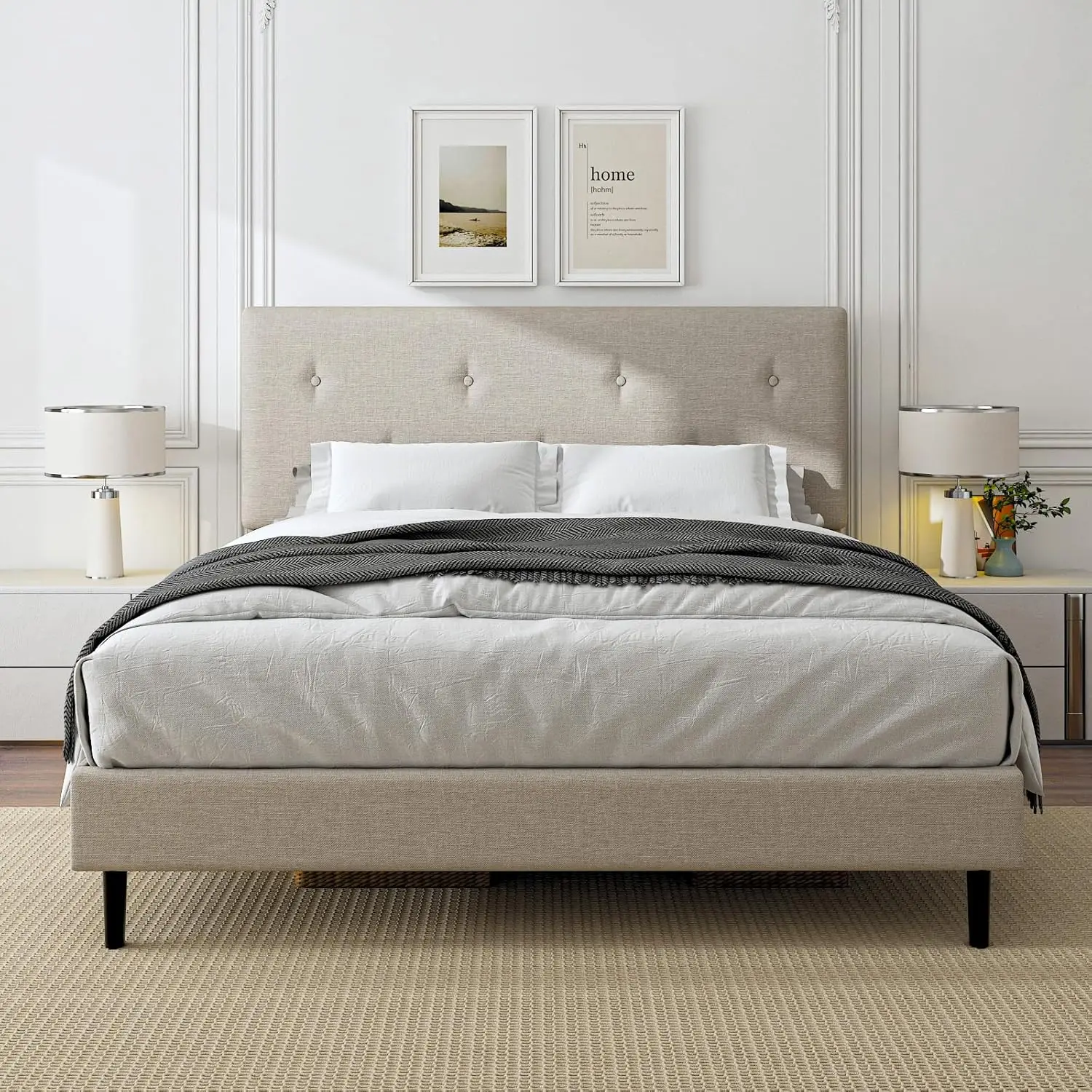 

Full Size Linen Bed Frame, Upholstered Platform Bed Frame with Adjustable Headboard, Wooden Slats Support, No Box Spring