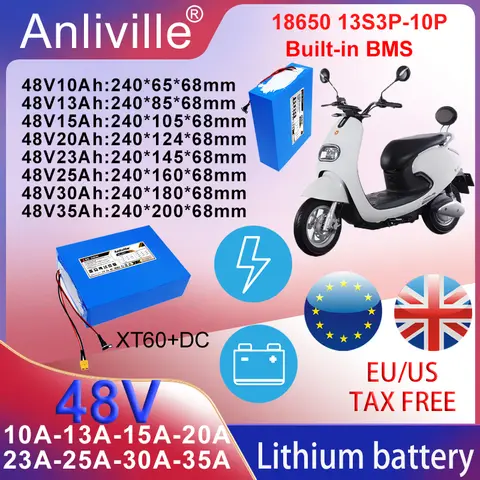 48V 10Ah 13Ah 15Ah 20Ah 23Ah 25Ah 30Ah 35Ah 18650 Lithium Battery Pack 13S with BMS for 1500W Electric Scooter +54.6V Charger