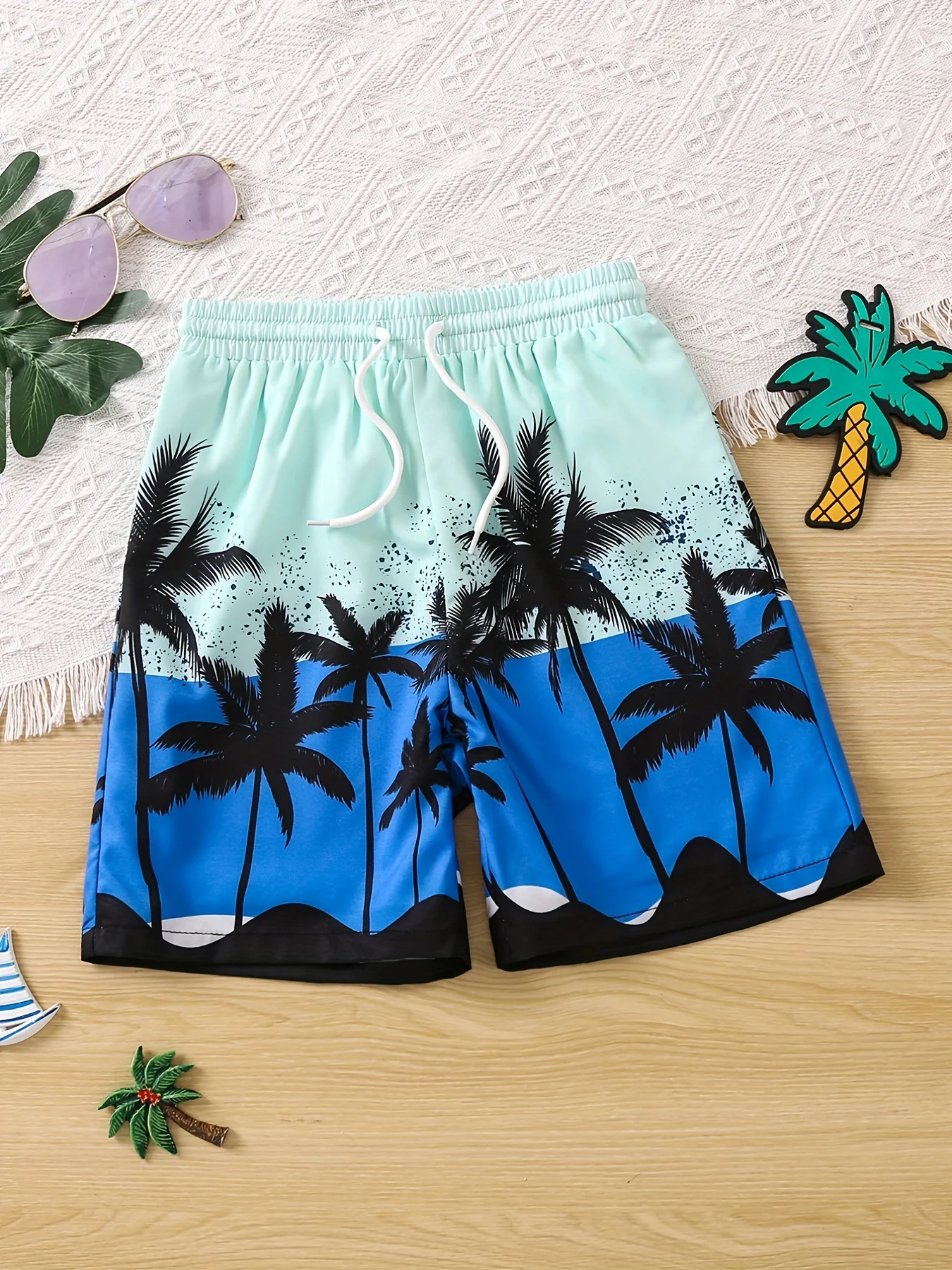 Boys Swim Trunks Coconut Trees 3D Print Elastic Waist Drawstring Beach Pants Swim Shorts For Boy Comfortable Kids Clothes Summer