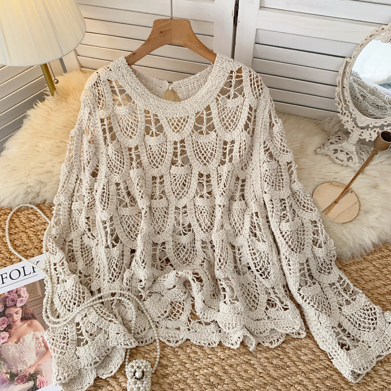 Vintage Hook Flower Hollow Out Casual Basics O-neck Top Chic Women Harajuku Office Lady Korean Fashion Ins Autumn Winter Blouse