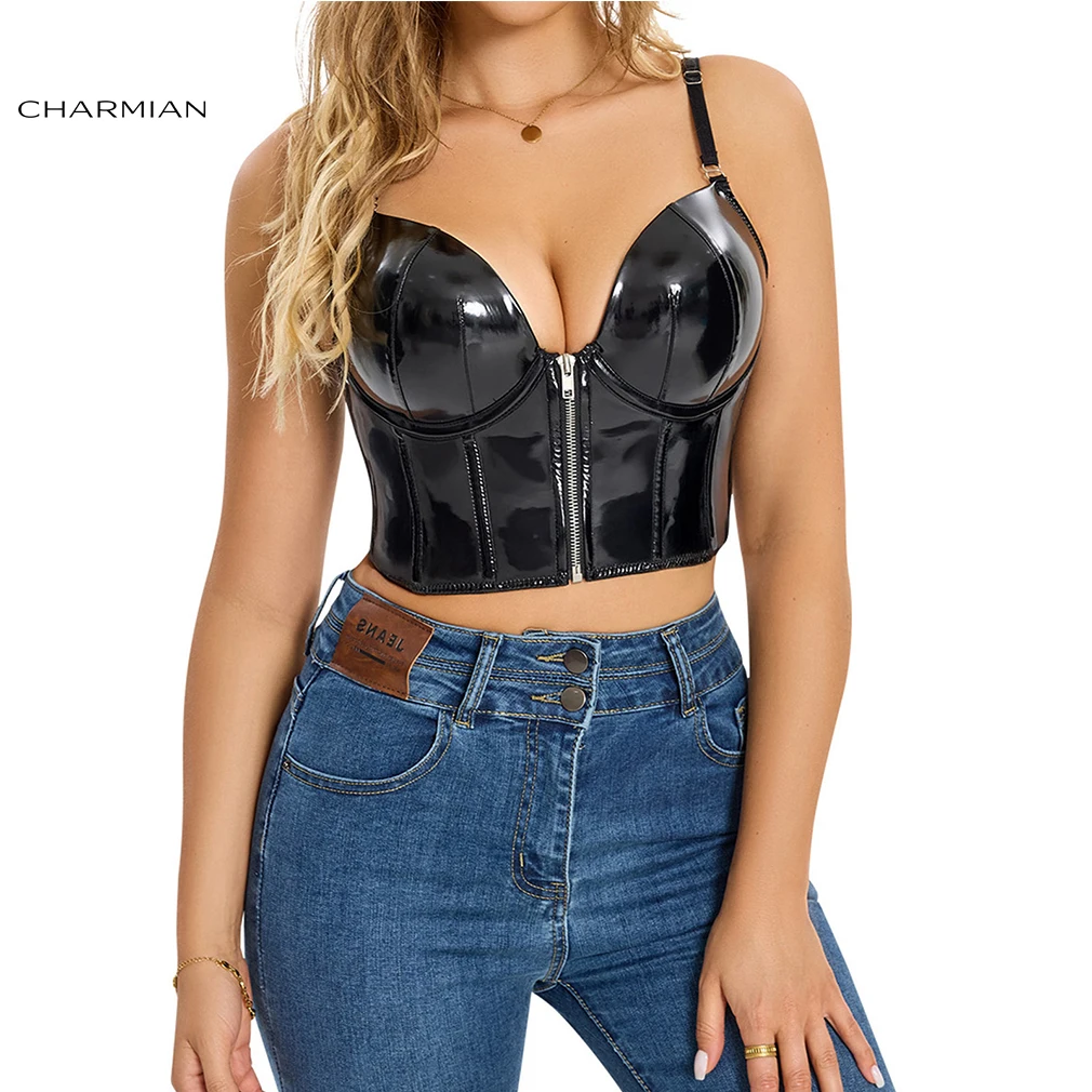 Charmian Women's PU Leather Bustier Corset Top with Adjustable Straps, Push Up Design, Sheer Lace Back & Hook-and-Eye Closure