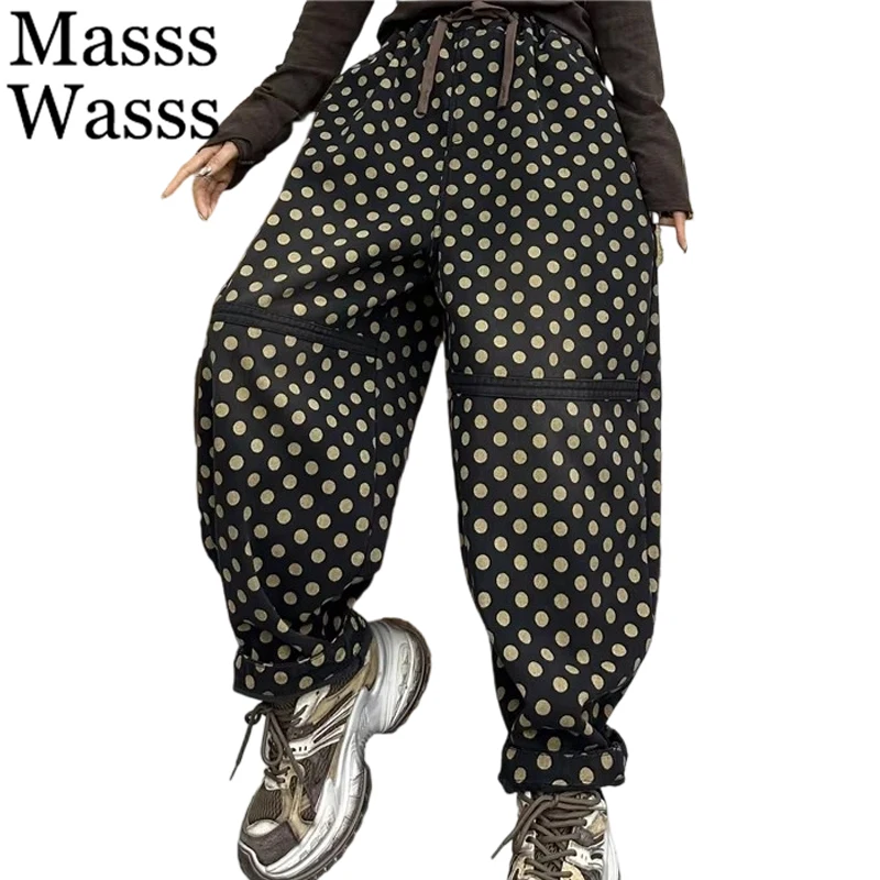 

Masss Wasss 2025 Winter Fashion Dot Jeans Womens Loose Vintage Fur Denim Pants Ladies Classic Casual Warm Thicken Harem Trousers
