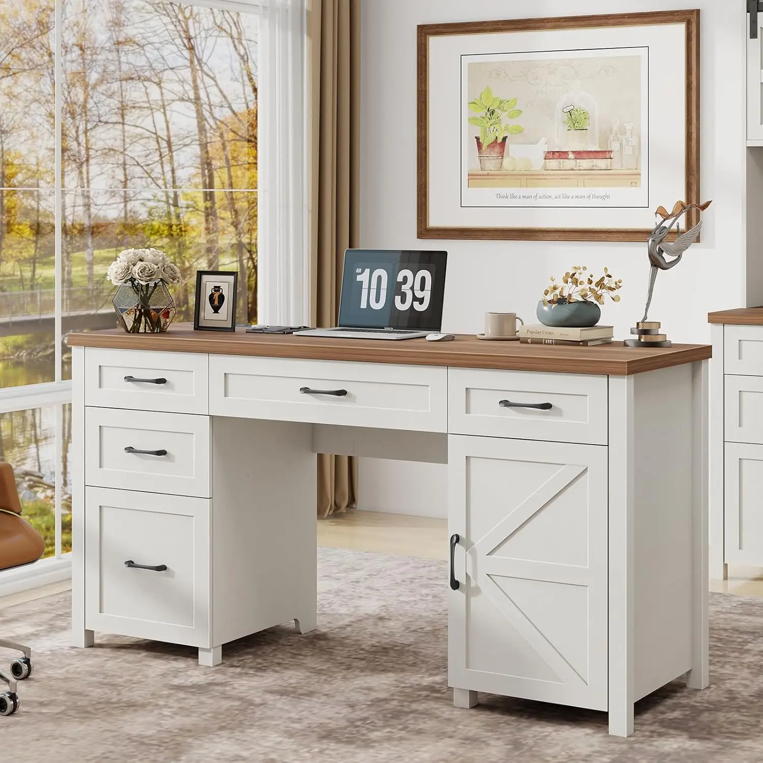 Farmhouse 61'' Executive Desk With 5 Drawers, Rustic Office Desk Computer Desk With Charging Station, File Drawers And Storage