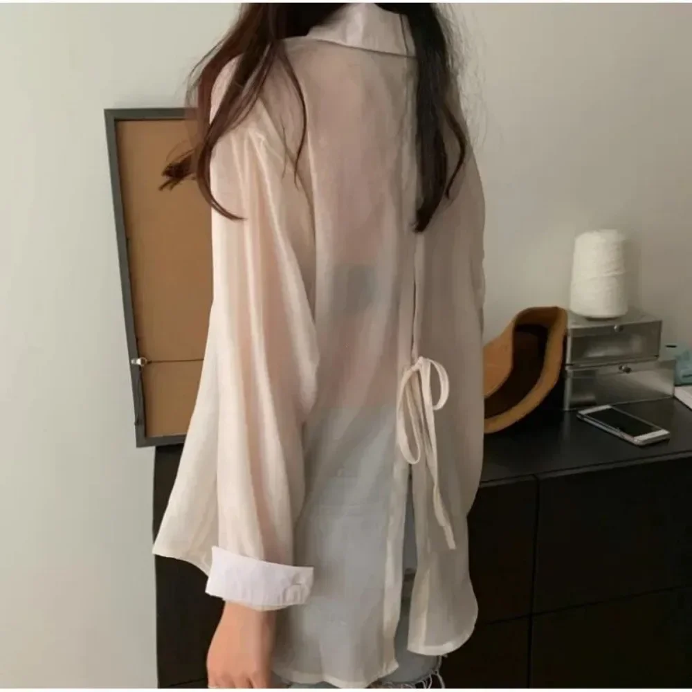 Korean Sunscreen Shirt Women 2024 Summer Clothes Fashion Bandage Blouses Elegant Loose Long Sleeve See Through White Tops