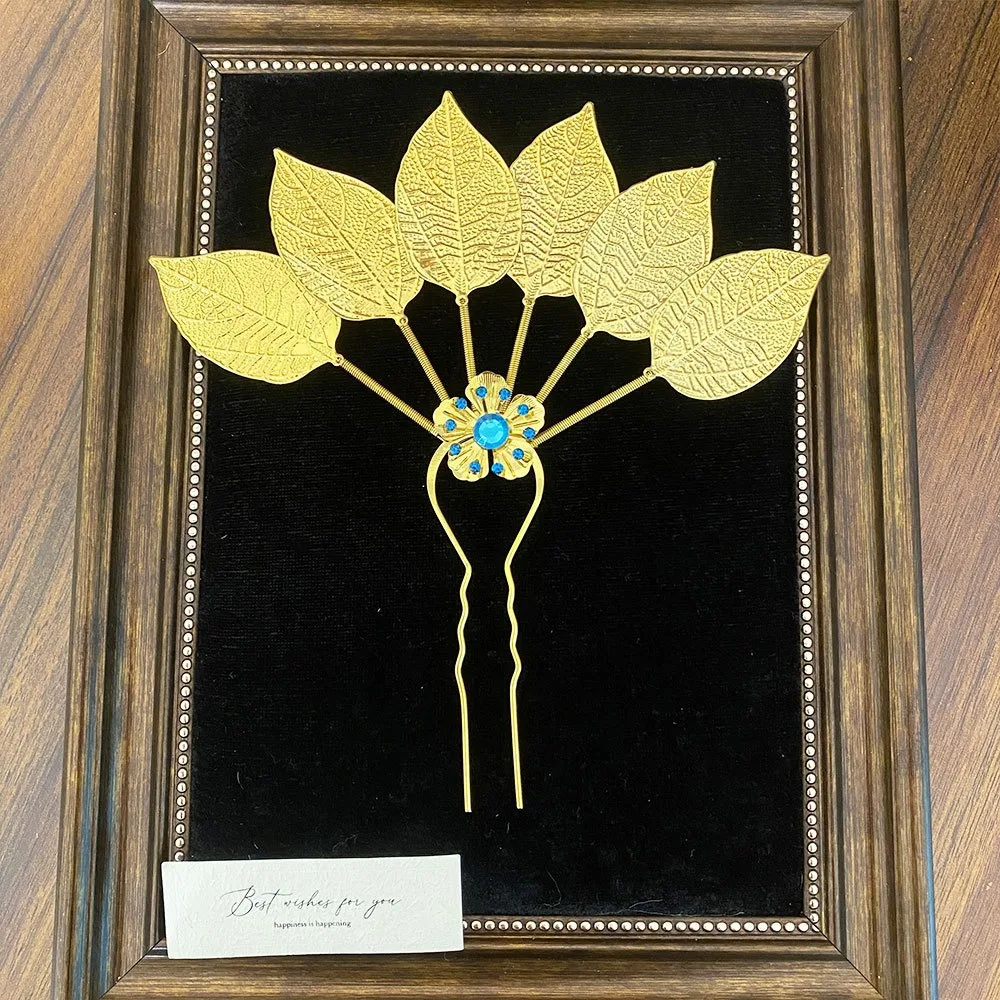 

Ancient Thai Metal Leaves Hairpin Rhinestone Flower Gold Hair Fork Headwear Headdress Ethnic Style Hair Accessories Festival
