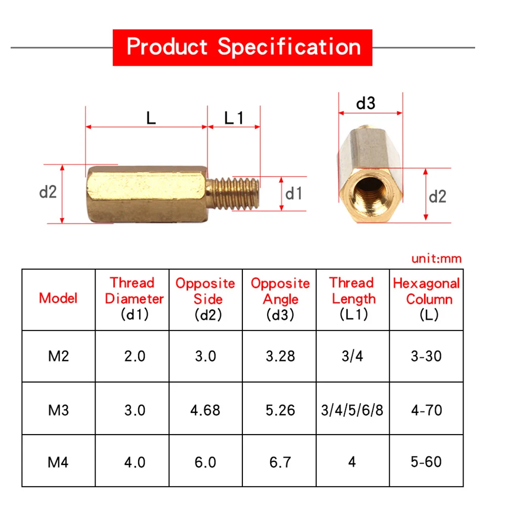 M2 M2.5 M3 M4 M5 Hexagonal Copper Standoff for PCB Circuit Boards and Computer Motherboards Threaded Support Pillars Screw Bolt