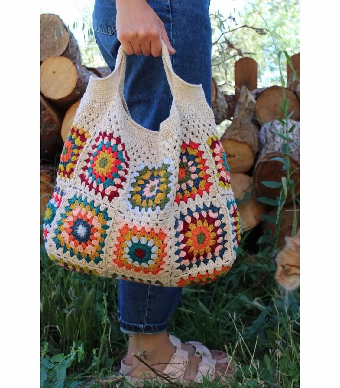 Navy Granny Square Crochet Bag Hippie Classic Handbag Handmade Crochet Colorful Purse Boho Chic Shoulder Tote Bags For Women