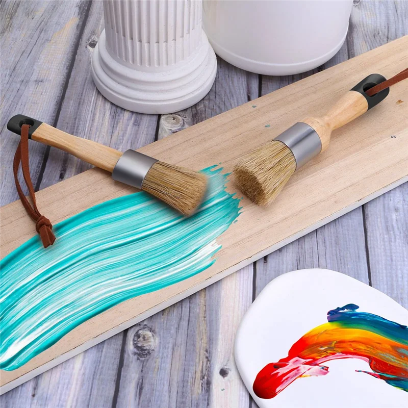 

2 Piece Chalk Paint Brush, Chalk And Wax Paint Brush As Shown Wooden For Furniture Reusable Flat And Round