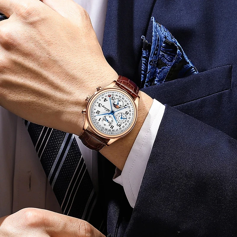 Imagem -05 - Ailang Novidades Business Homens Relógios Mecânicos Top Marca de Luxo de Couro à Prova d Água Semana Calendário Moon Phase Relógio Automático para Homens