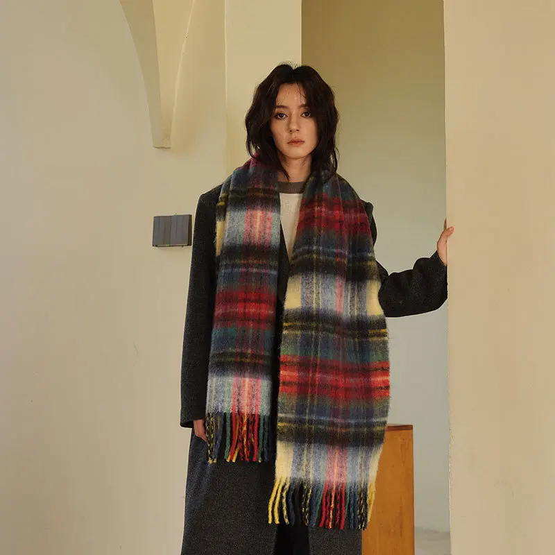 British Classic Vintage Color Matching Plaid Contrast Scarf Women's Winter Wool Blended Plaid Soft Scarf Cold-proof Shawl