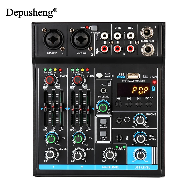 

4 Channel USB Interface Mixer Depusheng M4 DJ Sound Controller Audio Portable with Sound Card & Bluetooth for PC Recording