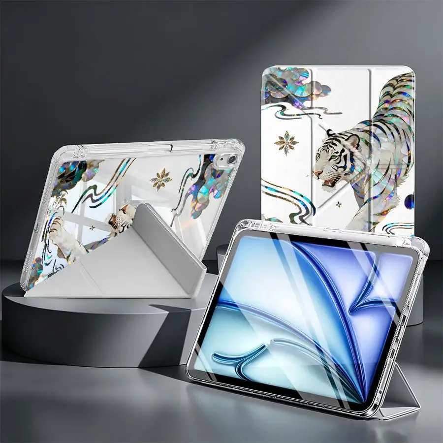 Cartoon Tiger Art With Pen Slot Cover Tablet Case For iPad 11th 9th Air 8 M2 M3 3 Mini 7 6 5 12th Pro 13 2025 2026 10th Gen