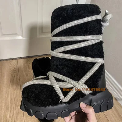 Black Plush Thick Sole Snow Boots Square Toe Cross Strap Ankle Boots Winter Warm Dress Daily New Fashion Vintage Short Boots