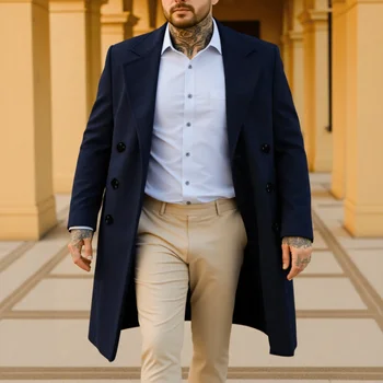Men's Double-Breasted Wool-Blend Trench Coat 4 Men's Elegant Trench Coat: Double Breasted Wool Blend Long Coat, Warm Windproof Autumn Outerwear, Solid Color Outerwear 4