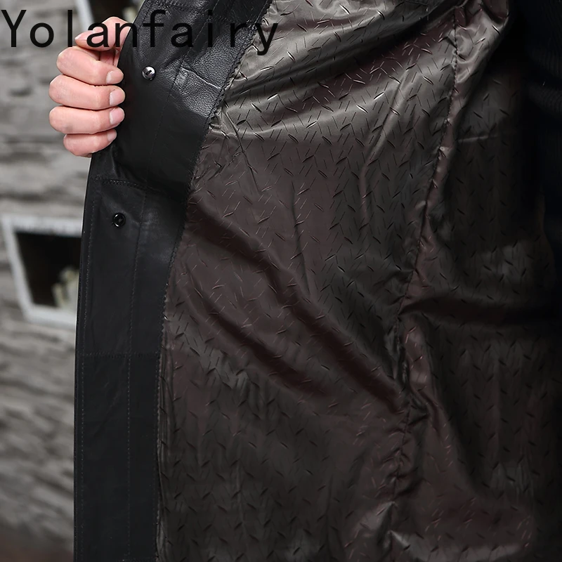 YOLANFAIRY موضة جديدة 2025 جلد الغنم الحقيقي خندق معطف الوقوف طوق سترة جلدية حقيقية رجل منتصف طول الشارع الشهير