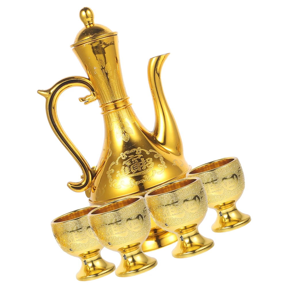 

1 set Tea Set Golden PP Offering Cups Kettle Retro Worship Supplies Flagon Glass
