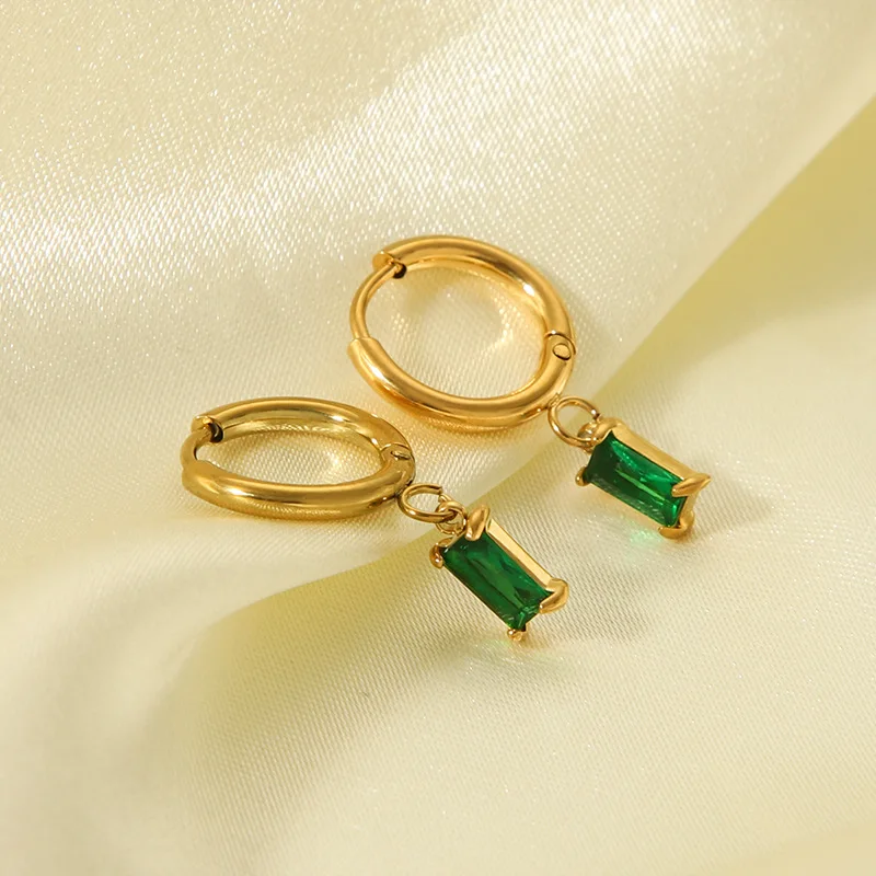 Ins 18K Gold PVD Plated Stainless Steel Square Green Stone Hoop Earring For Women Waterproof  Hypoallergenic Jewelry Gift