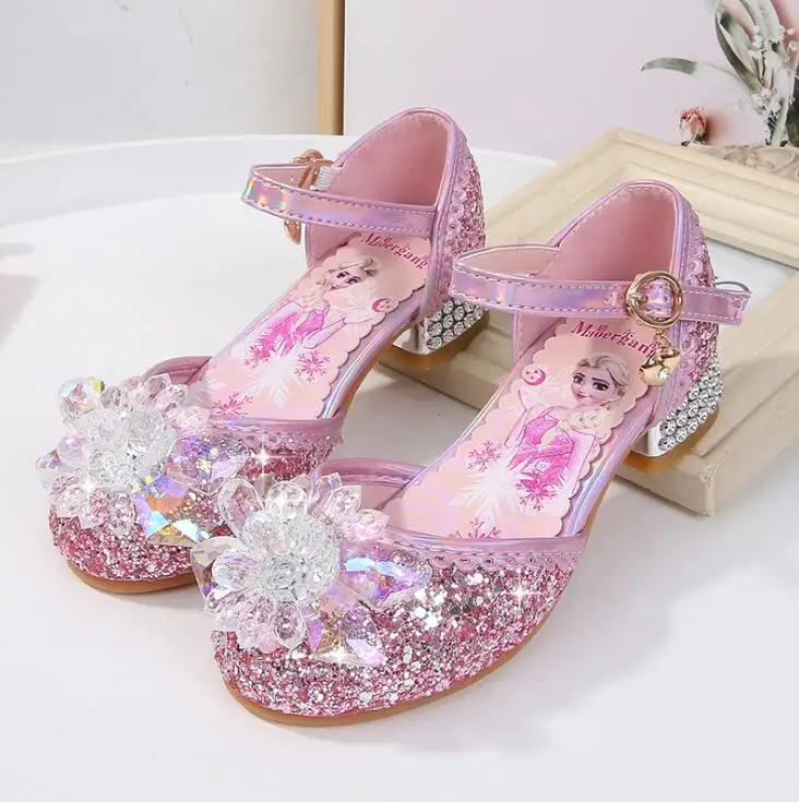 Disney-Chaussures de princesse à talons hauts pour enfants, sandales d\'été pour petites filles, chaussures en cristal pour bébé, nouveau