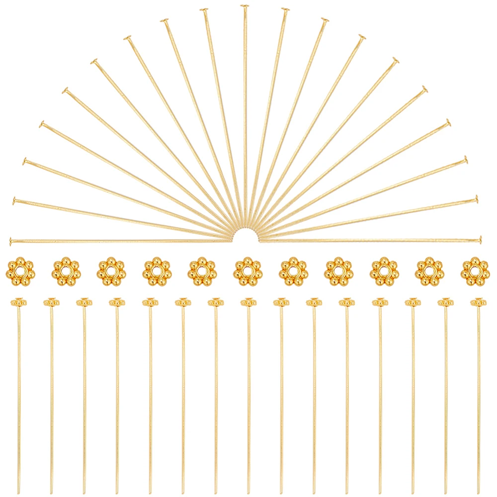 100Pcs Alloy Daisy Spacer Beads Long-Lasting Plated Flower with 100Pcs Brass Flat Head Pins Golden 4x1~1.5mm Hole: 1mm