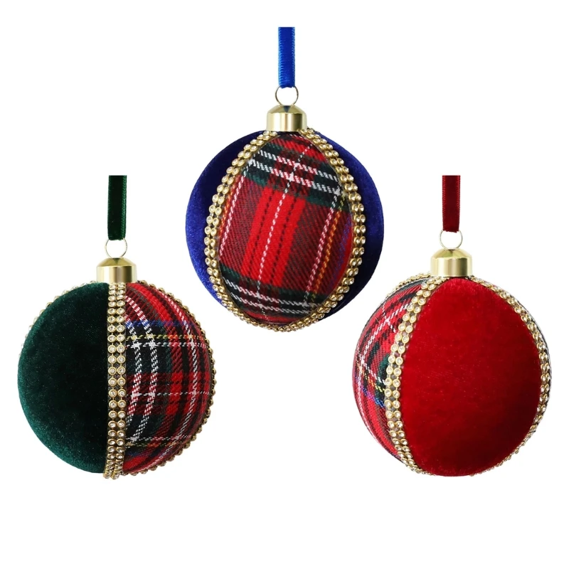 Fabric-Covered Ball Tree Ornament with Warm Metallic Trim and Checks JOMD