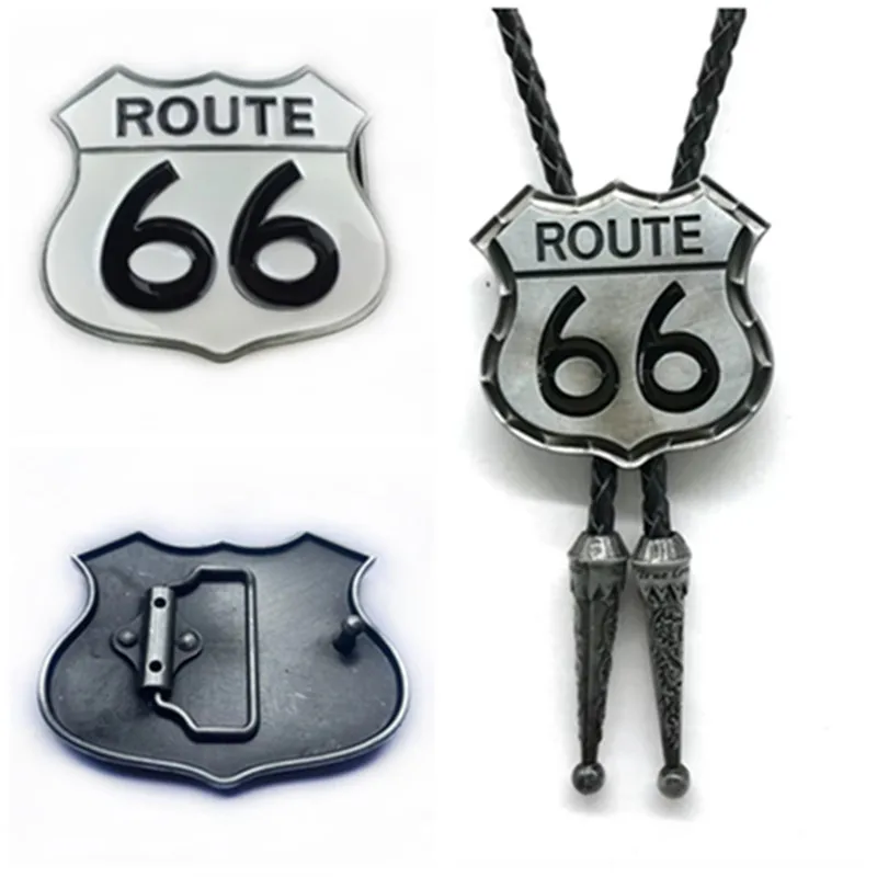Two sets of Bolo ties with leather belt buckles. ROUTE 66 Belt Buckle. Casual fashion. Western style. Belt buckle.