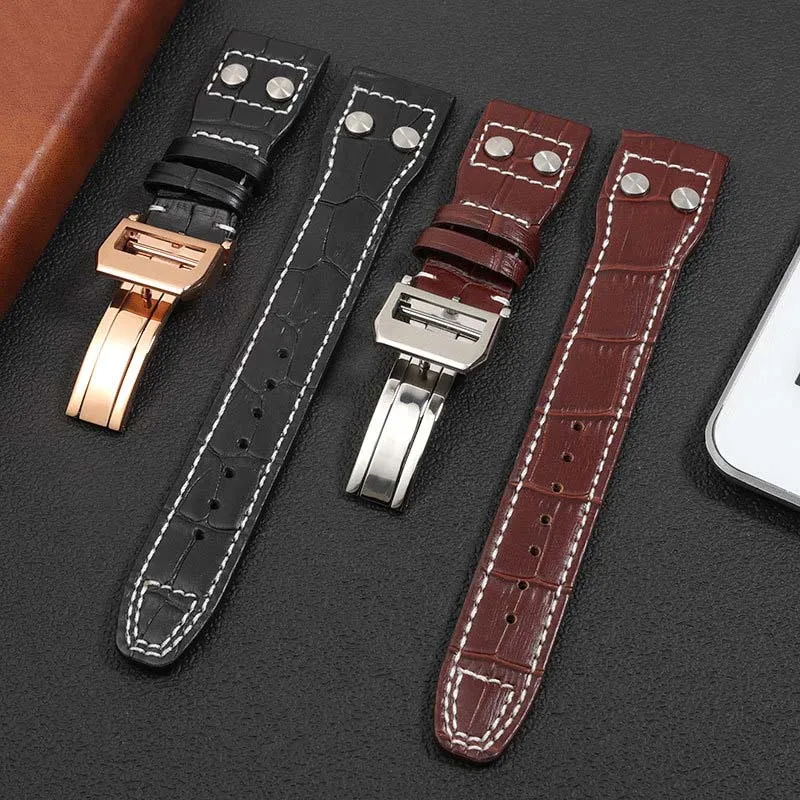 

High Quality Genuine Leather Rivets Watchband For IWC Big Pilot Spitfire Watch Strap 22mm TOP GUN Brown Black Cowhide BAND