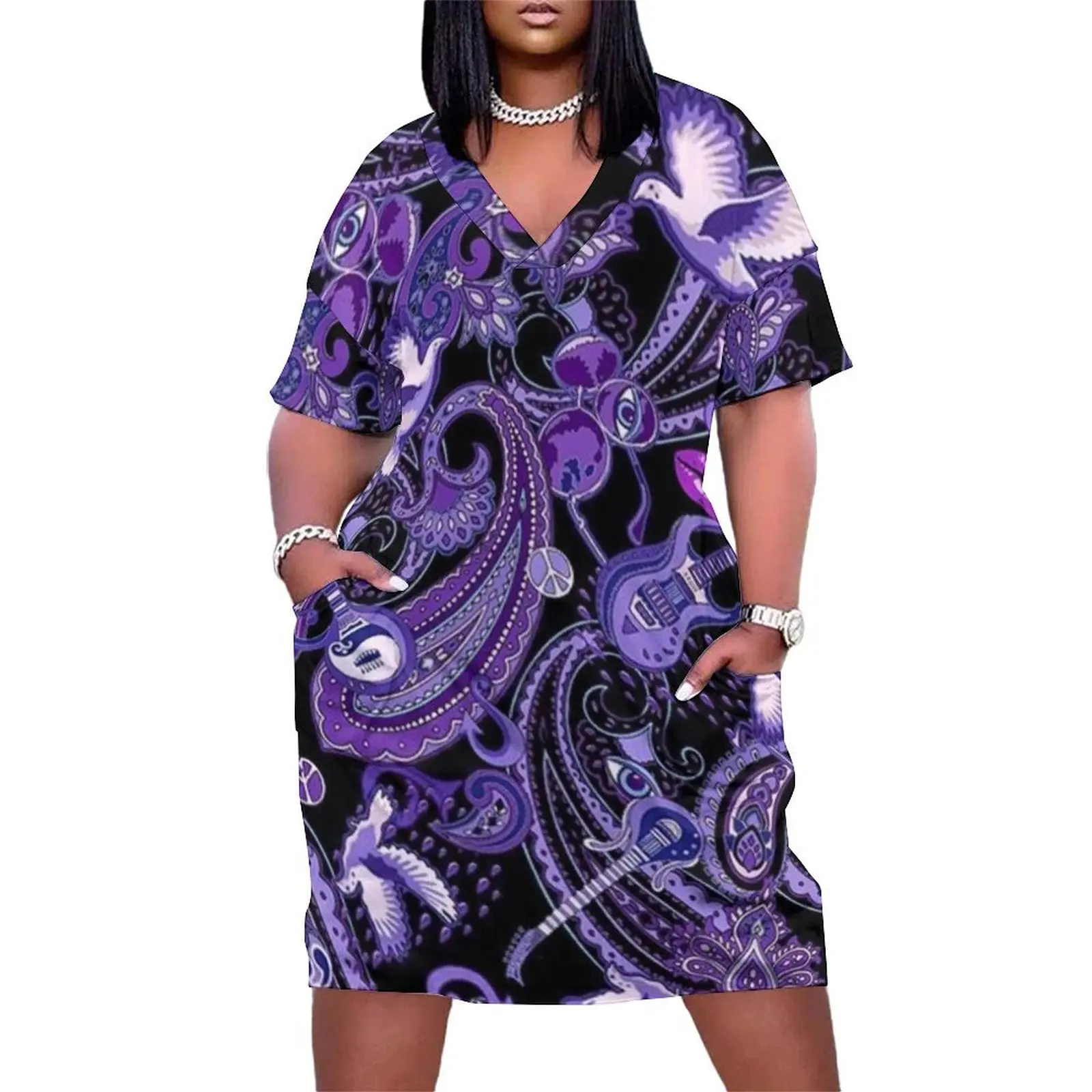 Purple and Black Paisley Guitar Art Loose Pocket Dress elegant women