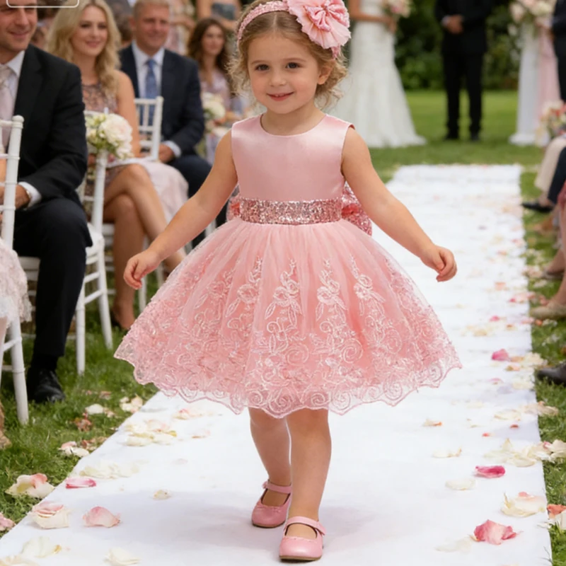 

Wedding Baby Clothes Baby Girls Ruffle Lace Backless With Headwear Bowknot Flower Dress Pageant 1st Birthday Party Baptism Gown