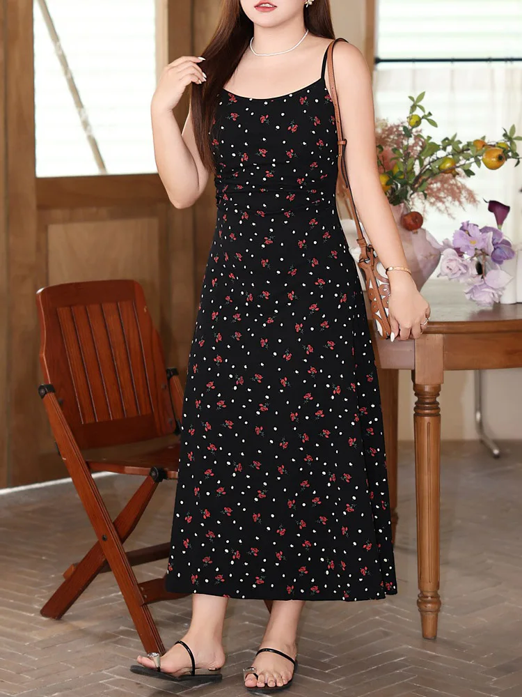 Women's Sweet Floral Waist Fold Knit Dress, Spaghetti Strap, Plus Size, Slim, French Print Long Dress, Good Quality, Summer 2024