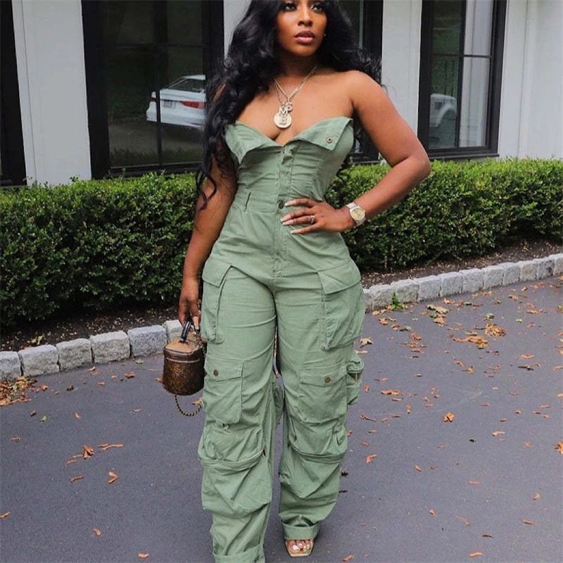 

Streetwear Strapless Cargo Jumpsuit Women Sleeveless Multiple Pockets Single-breasted One Piece Jumpsuits Womens Romper Overalls