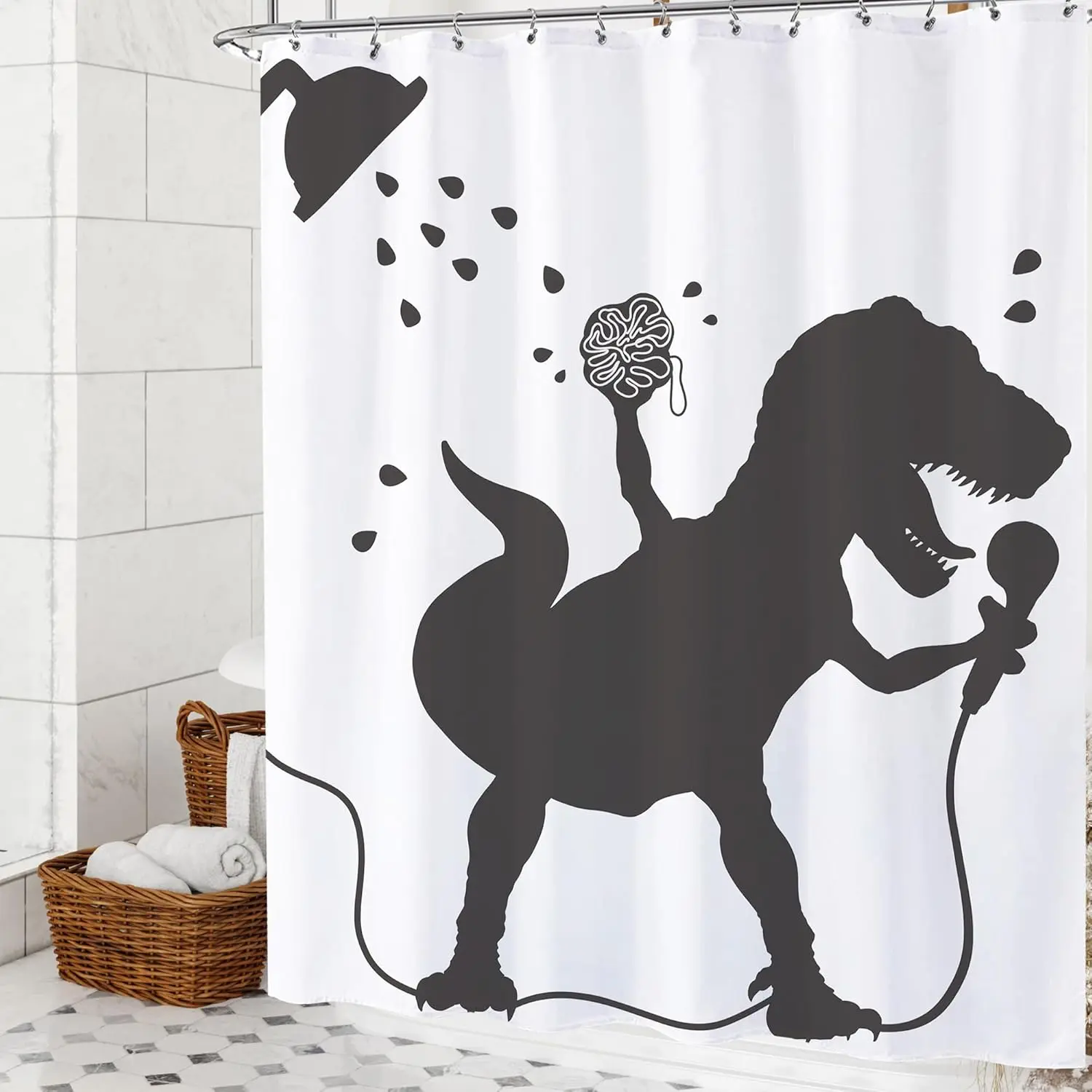 

Funny Dinosaur Shower Curtain Kids Shower Curtains Set Cartoon Dino Raptor Silhouette Boys Bathroom Decor Fun Black White Fun