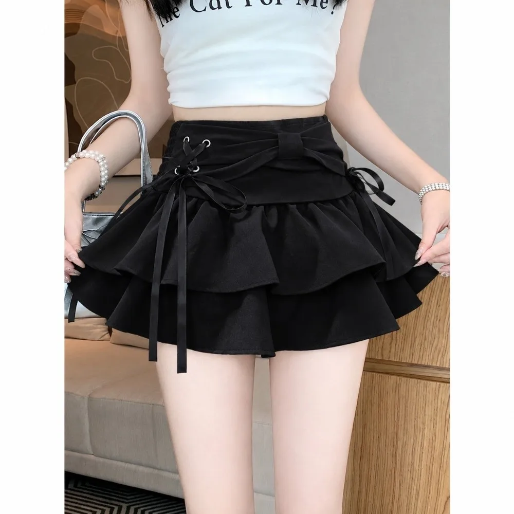 Trendy Bowknot Girl Pleated Skirt Pleated Design Black White Uniform Skirt Lace Edge Lolita Skirt For Teenager
