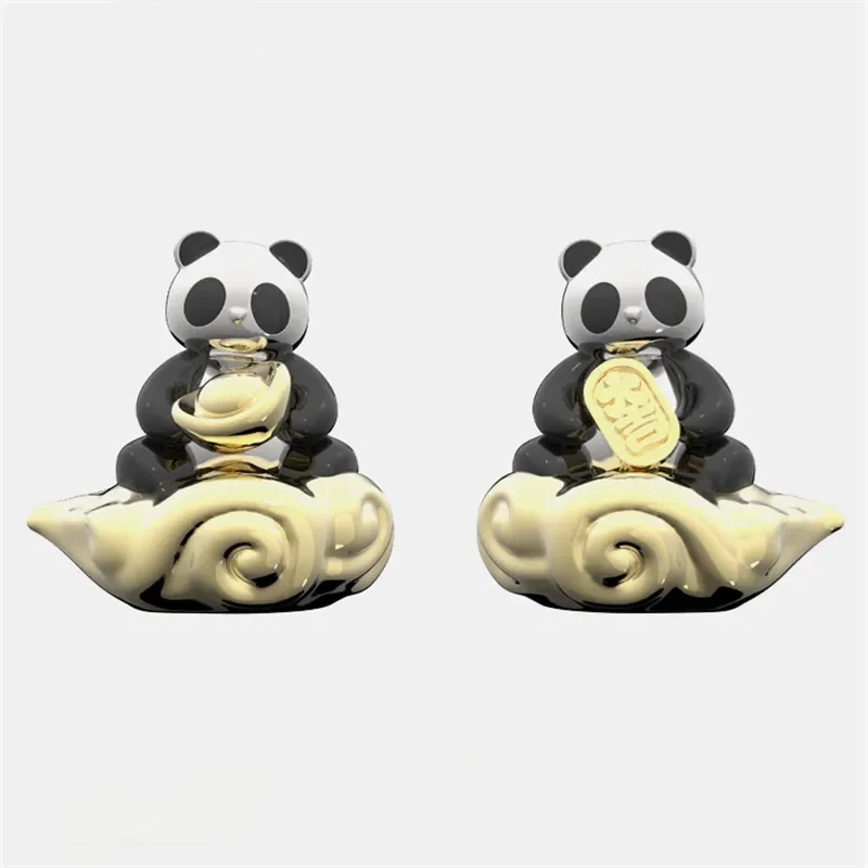 Ethnic Style Panda Gold Color Auspicious Clouds Gold Color Ingot Earrings Women's Fun and Cute Art Banquet Jewelry Earrings Gift