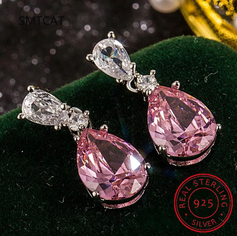 100% 925 Sterling Silver Pink Water Drop High Carbon Diamond Drop Earrings Dla kobiet Błyszczące wesele Impreza Drobna biżuteria Prezent