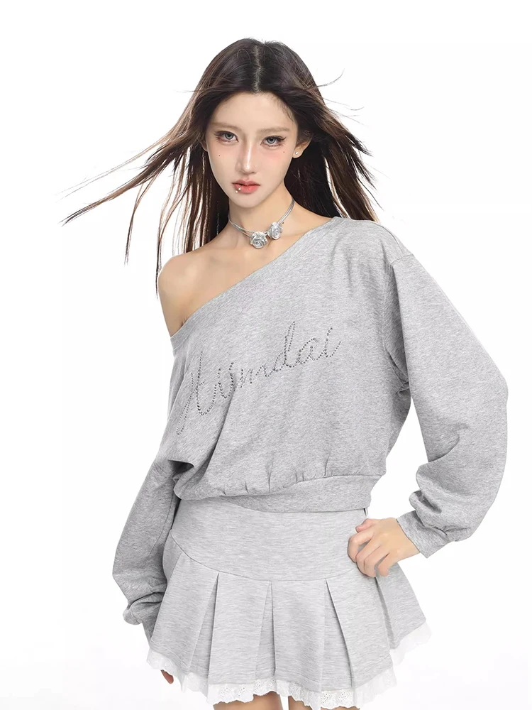 Women Design Sense Niche Off Shoulder Hoodies Long Sleeve Sexy Crop Top Streetwear Pullovers Sweatshirt Autumn Winter New