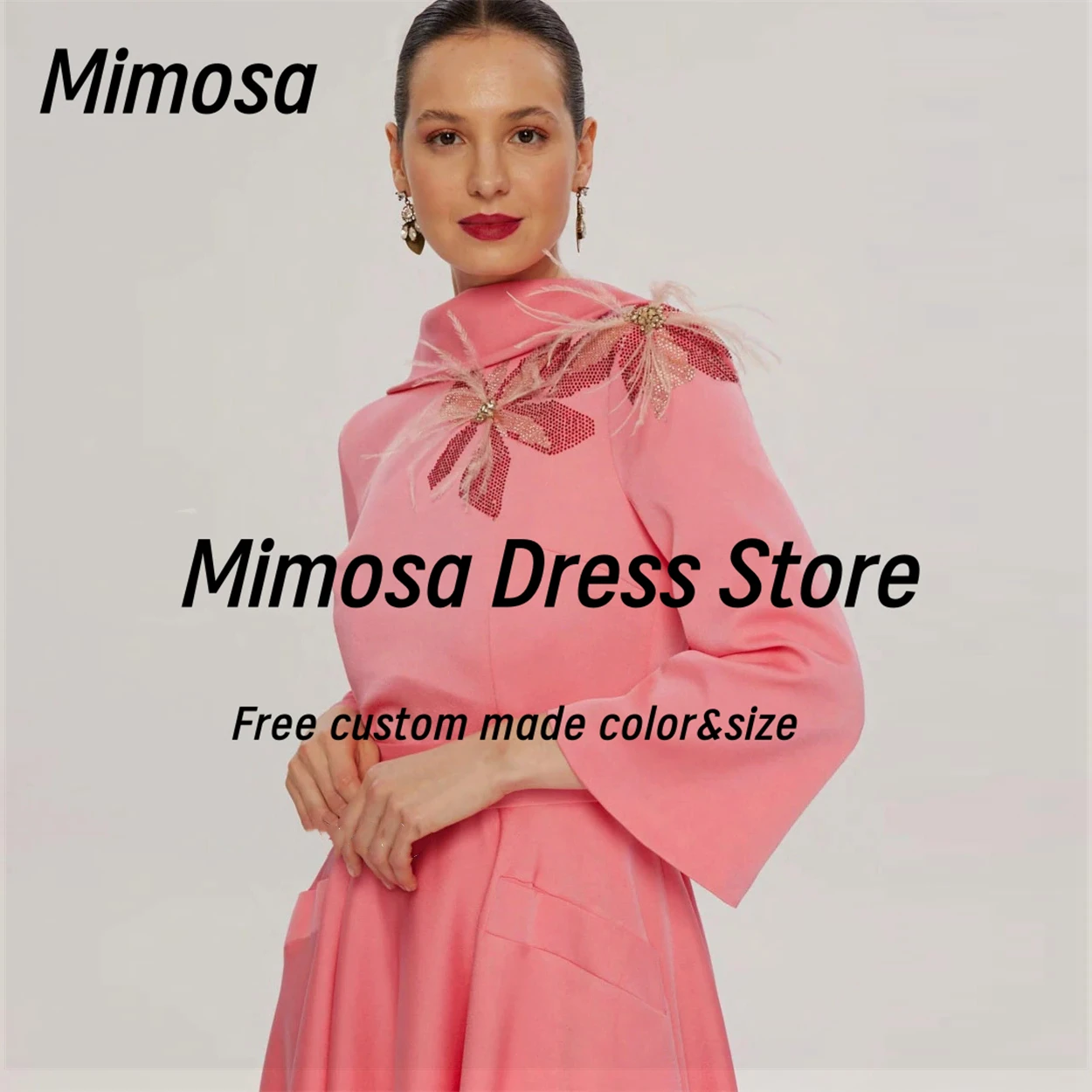 ミモザ 2025 プロムドレス羽ビーズ長袖イブニングドレス V バックレスローブデカクテルパーティードレスカスタマイズ