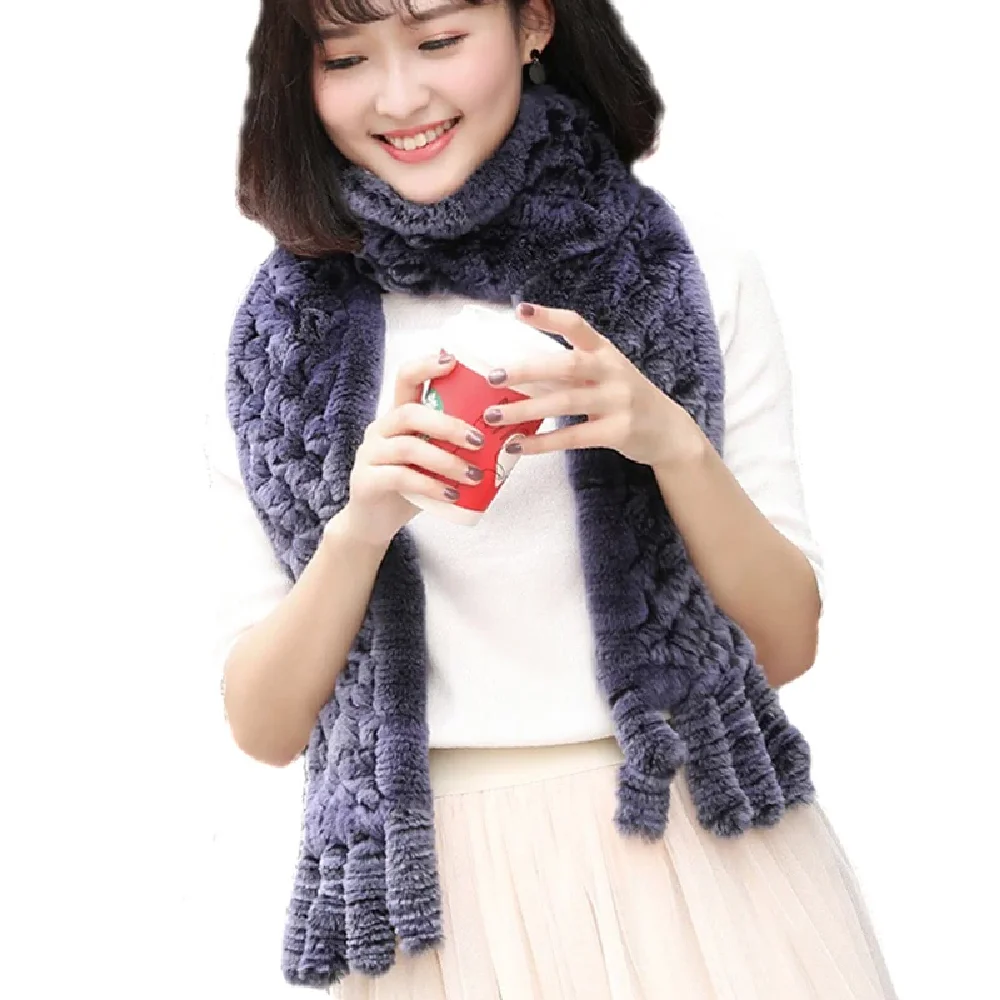 

Женский меховой шарф с кисточками, зимний теплый ажурный Плетеный шейный платок из натурального меха кролика Рекс, 180*14 см