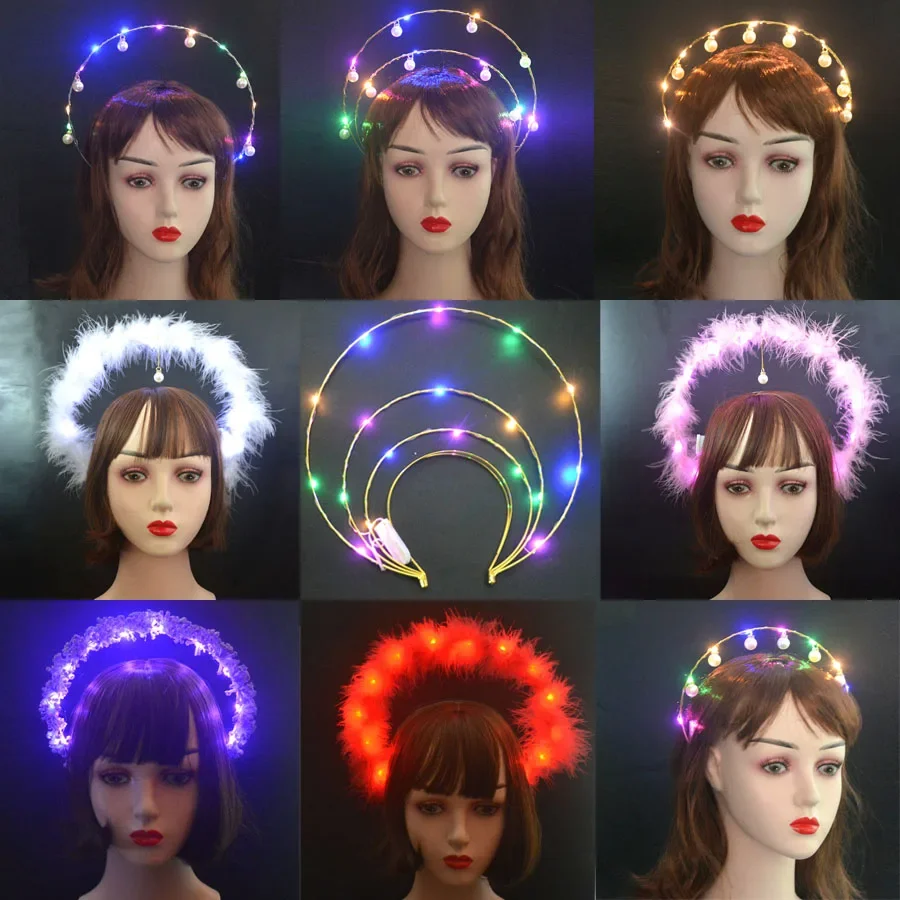 Glow Light Up Goddess Crown Angel Bridal Gold Halo Headband Feather Flower Hairband Birthday Party Witch Queen Hair Wear Gift