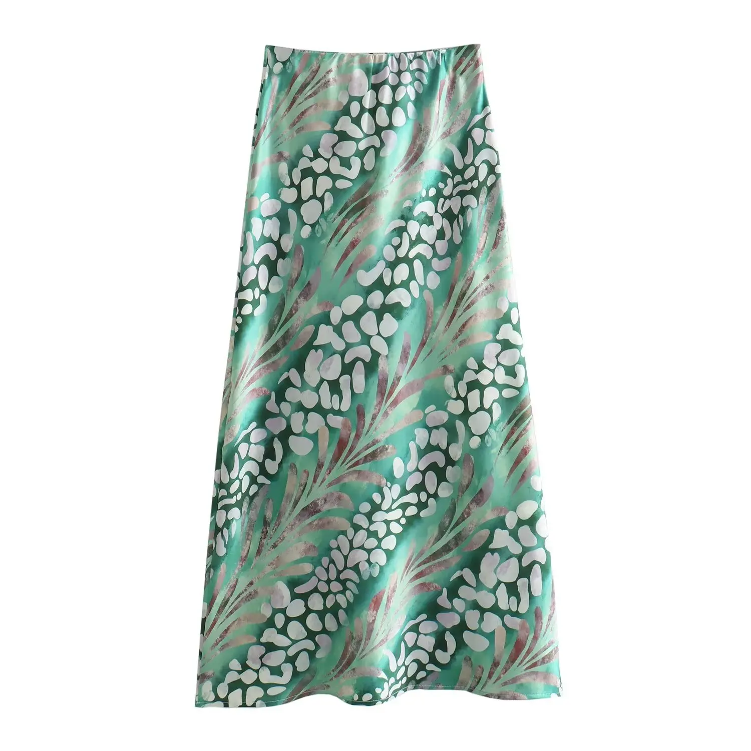 Tangada 2024 Women Print Satin Skirt Zipper High Waist Female Long Skirt 6X0117