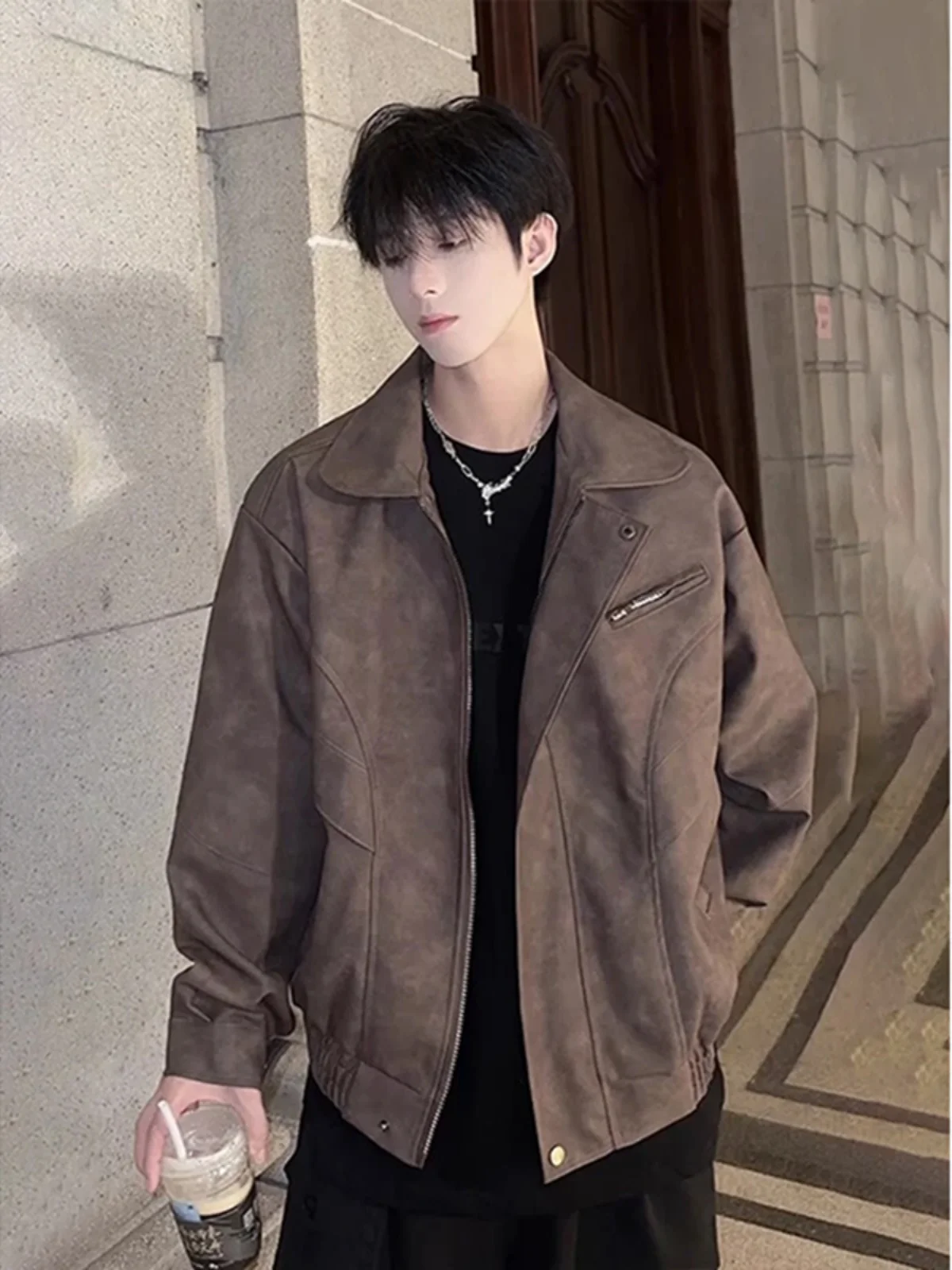 

Мужская кожаная куртка-бомбер в байкерском стиле с отложным воротником, весенне-осенняя, модная, в американском повседневном стиле