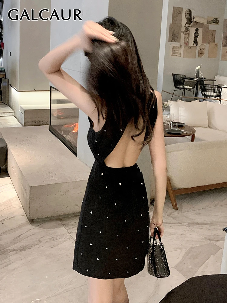 GALCAUR Patchwork Diamonds Dresses For Women Round Neck Sleeveless Off Shoulder Backless Slim Fashion A Line Mini Dress Female