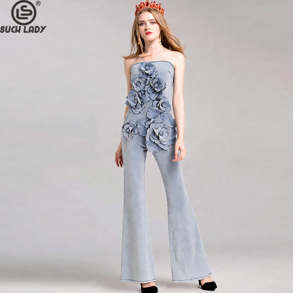 

Women's Light Blue 3D Floral Appliques Strapless Jumpsuit, High Waist Flare Leg Denim Playsuit, Elegant Summer Party Outfit