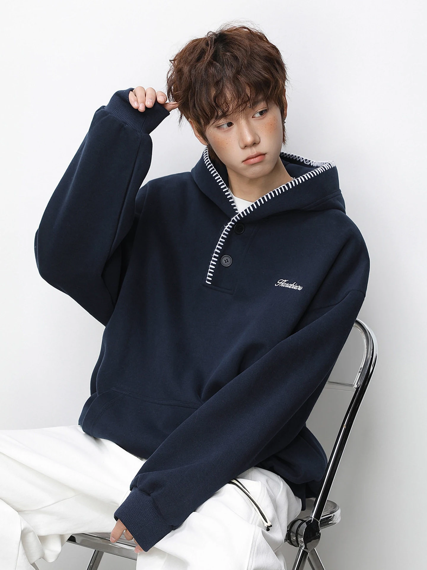 

Hand-Sewn Embroidered Hoodie Sweatirt Men's Royal Blue Spring New Sle Japanese Youth Feeling 400g Heavyweight Jaet