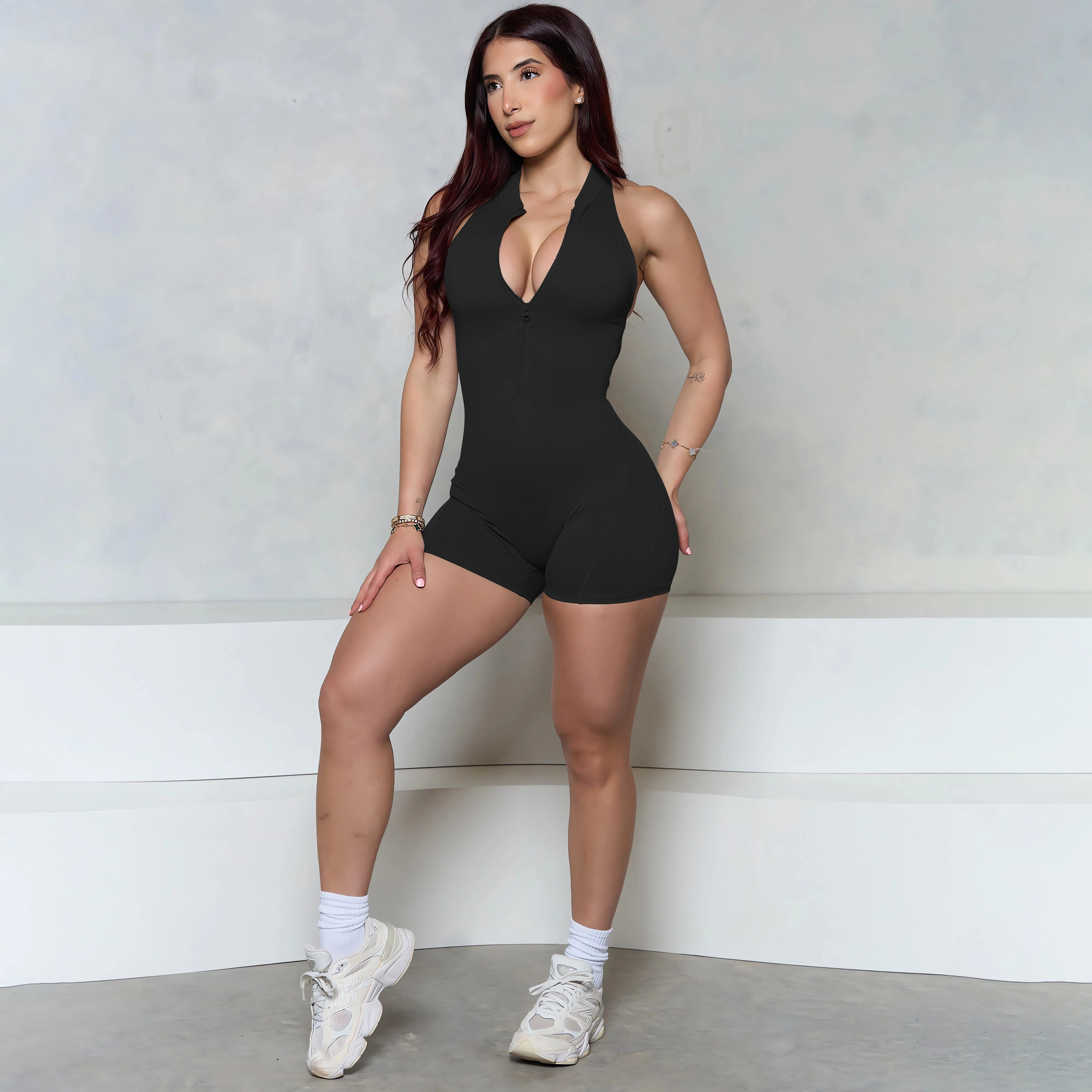 Frauen Bum Ärmellose ZIPPER Scrunch Butt Strampler Frauen Sportliche Overall Lycra Kurze Fitness Gym Overalls 2025, Neue Workout Kleidung