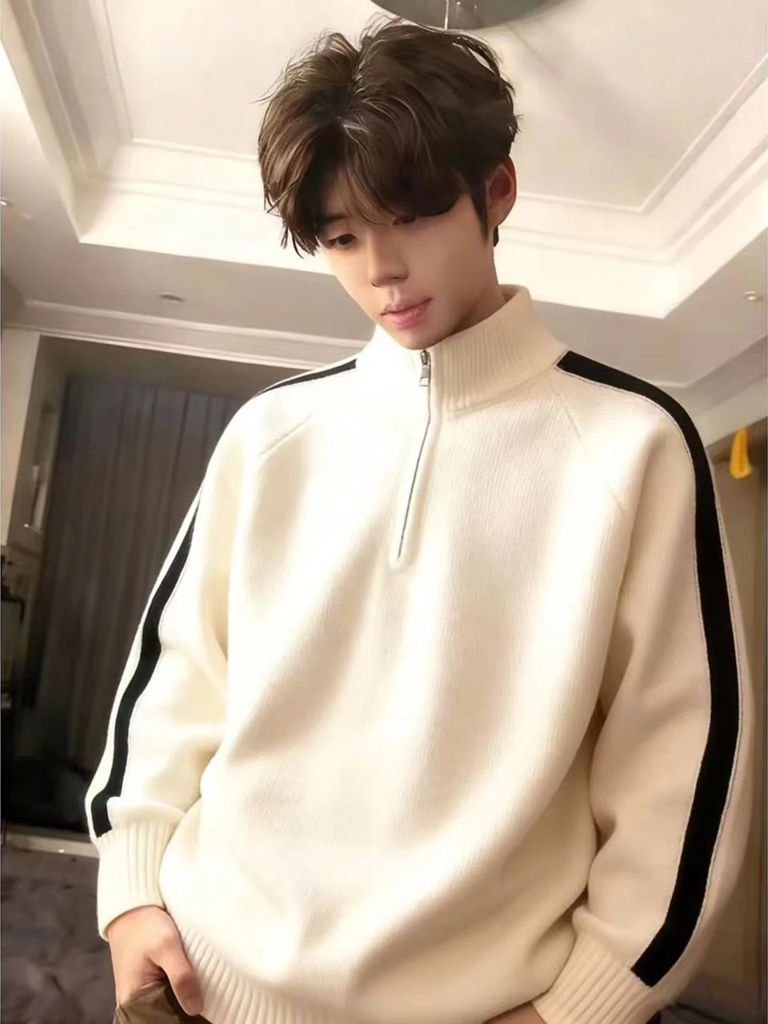 

Cleanfit f-Zipper Stand Collar Cardigan Sweater for Men Winter Color Blo Striped Knitted Jaet Loose Fit Comfortable