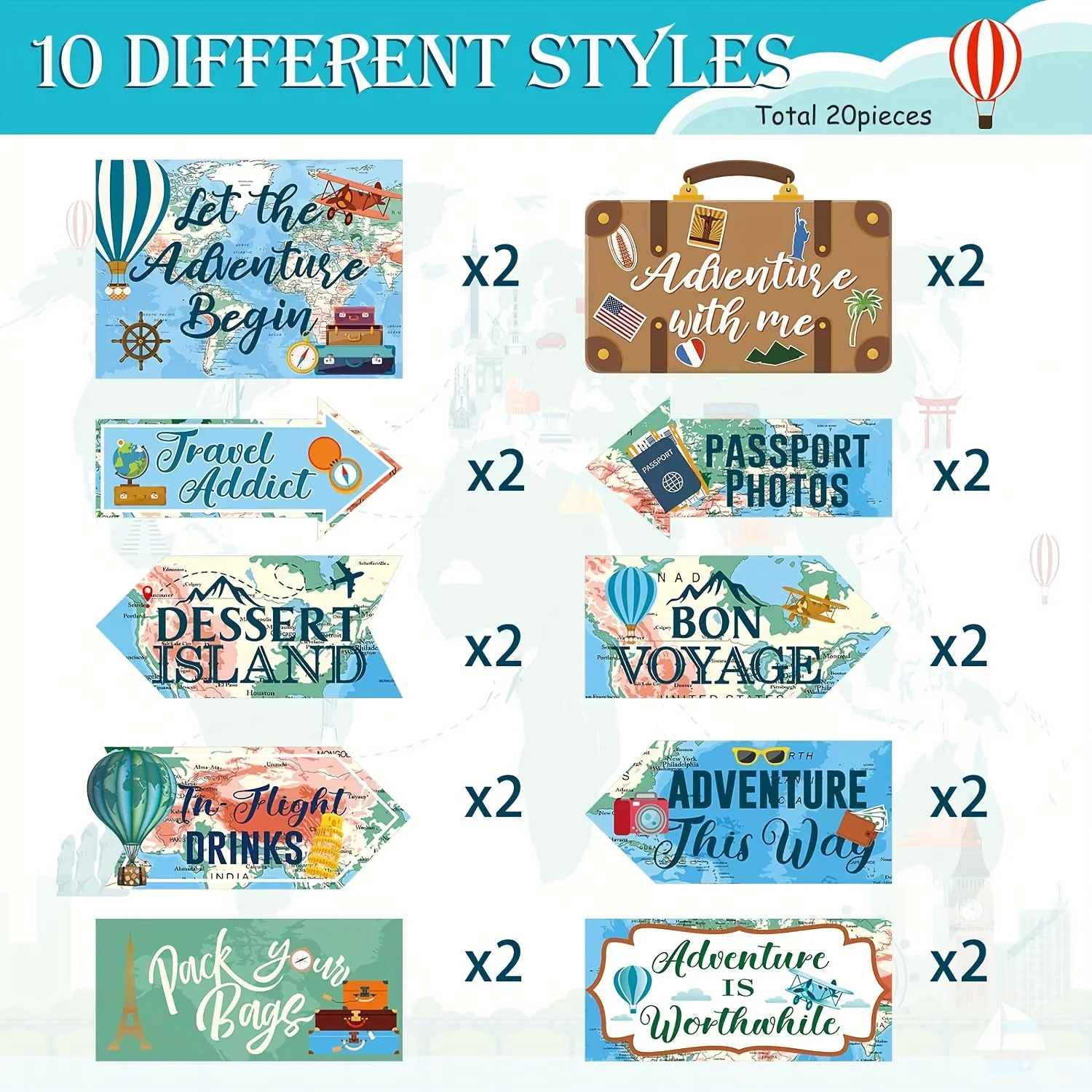 20pcs Travel Themed Party Decorations Set Let The Adventure Begin Party Decorations Signs Bon Voyage for Birthday Baby Shower