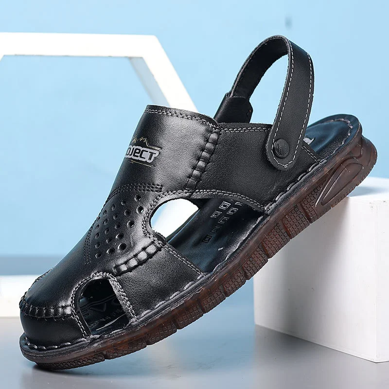 

Мужские сандалии из натуральной кожи, лето 2024, классическая мужская повседневная обувь на плоской подошве, уличные пляжные крутые тапочки, резиновые шлепанцы, размер 38-44