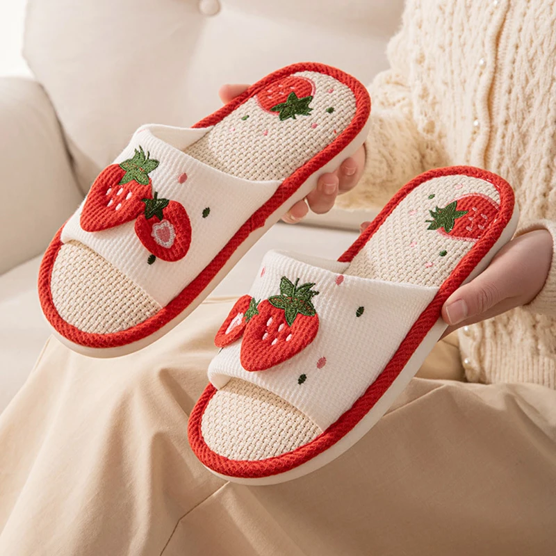 Strawberry Linen Women Slippers Home Open-Toe Designer Summer Shoes Girls Indoor Slides Non-Slip Soft Silent Unisex Breathable image 2